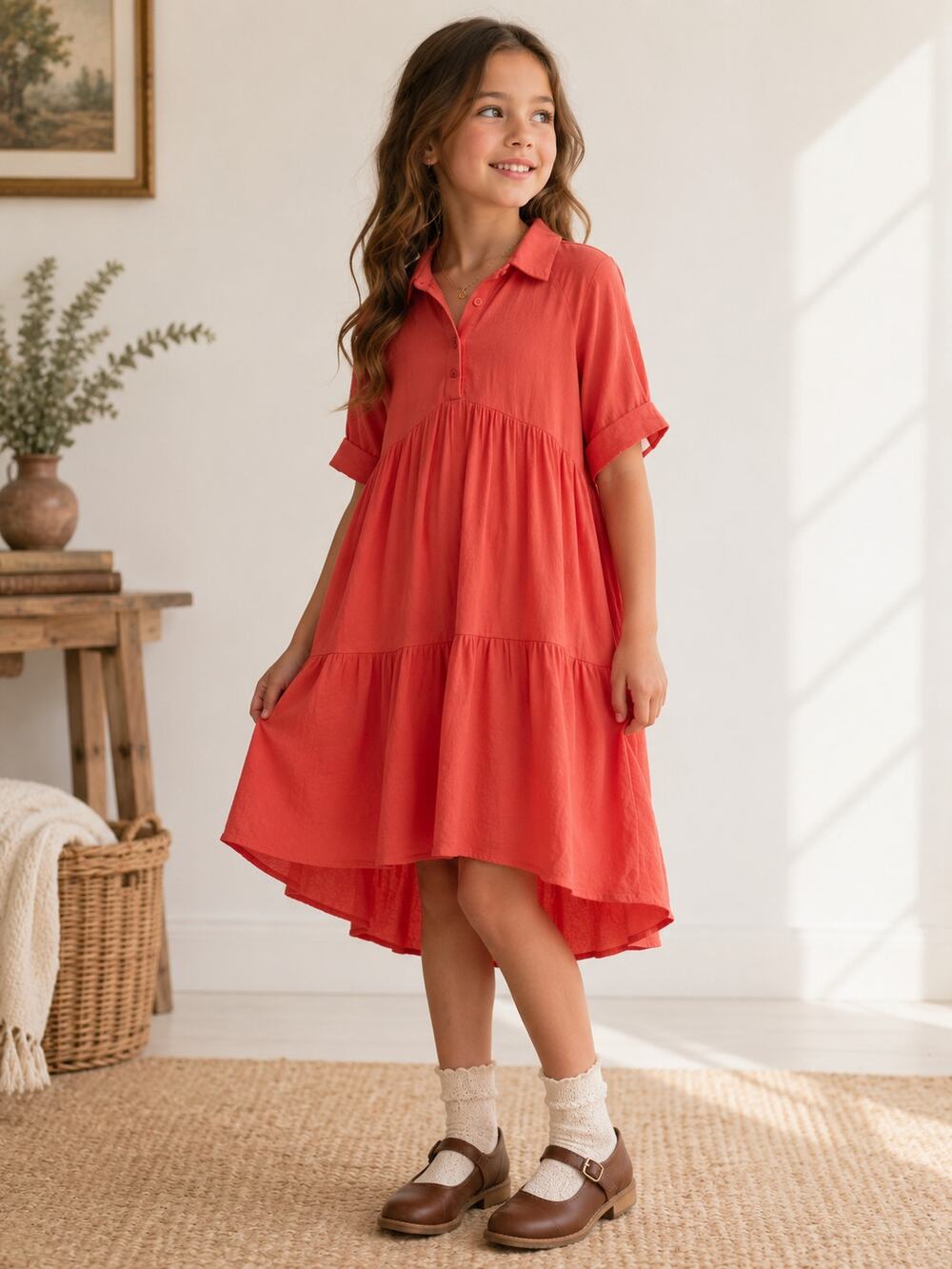 a loves a Girl Coral Tiered Shirt Dress Girls Large Collared Boho